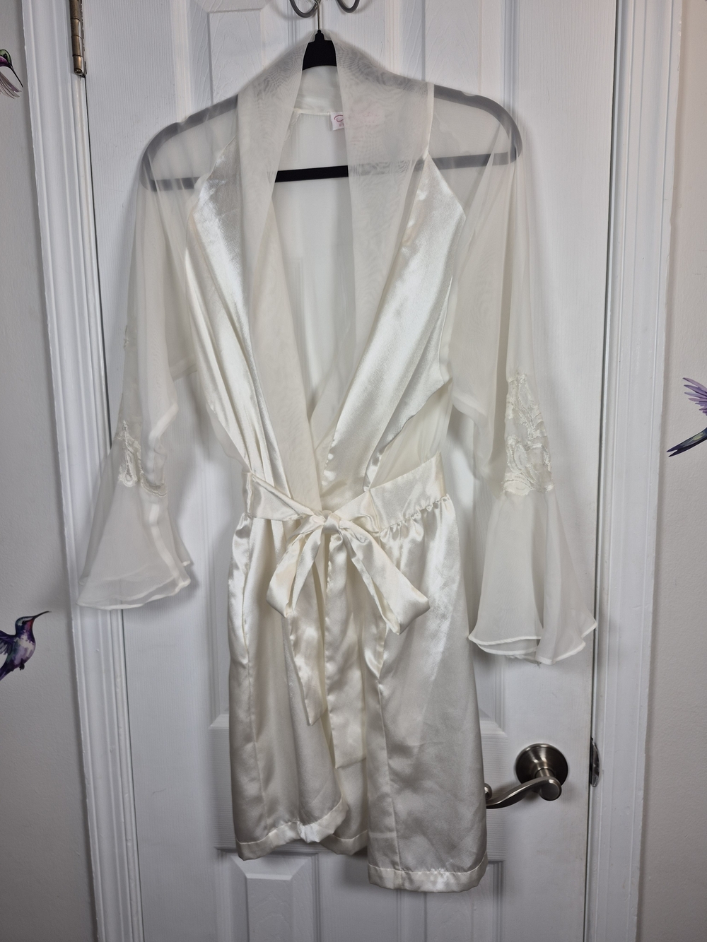 Oscar de la Renta White Satin Sheer Chiffon Lace Kimono Robe Bridal Medium